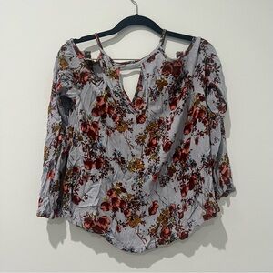 Floral Keyhole Blouse - Red, Gray, and Blue